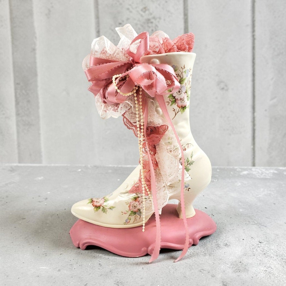 Vintage Victorian Ceramic Boot Vase Floral Lace Ribbon Shabby Chic Decor Pink